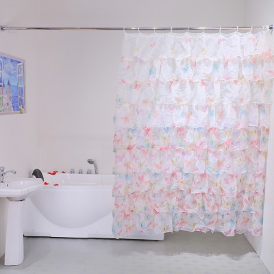 New Design Butterfly Printed Elegant Ruffle Shower Curtain With Valance