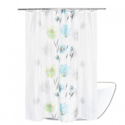 2019 Latest Green And Blue Flower Pattern Design Polyester Shower Curtain For Bathroom