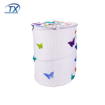 Round Design Butterfly Printed Polyester Cloth  White Foldable Laundry Basket