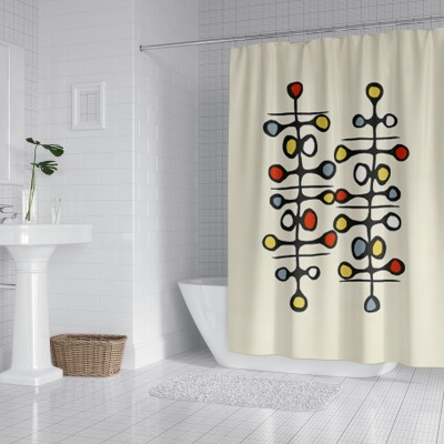 Geometric Figure Custom Printed Waterproof Polyester Beige Shower Curtain With Metal Hooks