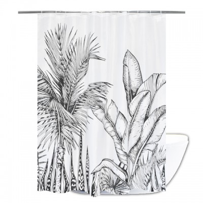 Tropical Plant Plam Tree Banana Leaves Printed Black And White Waterproof Bath Fabric Shower Curtain